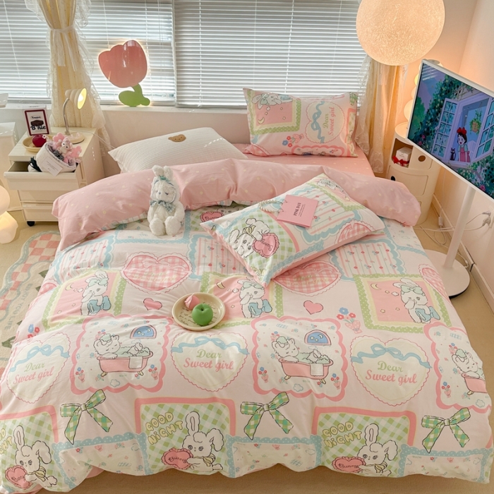 91家纺网 家纺一手货源 找家纺 昔可 2023新款全棉二次元卡通系列四件套 拼接泡芙兔小姐