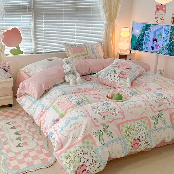 91家纺网 家纺一手货源 找家纺 昔可 2023新款全棉二次元卡通系列四件套 拼接泡芙兔小姐