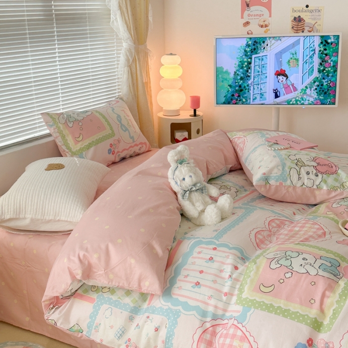 91家纺网 家纺一手货源 找家纺 昔可 2023新款全棉二次元卡通系列四件套 拼接泡芙兔小姐