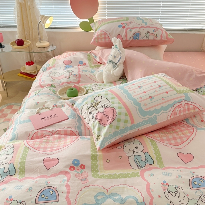 91家纺网 家纺一手货源 找家纺 昔可 2023新款全棉二次元卡通系列四件套 拼接泡芙兔小姐