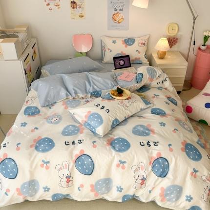 昔可 2023新款小清新全棉四件套 蓝色草莓兔