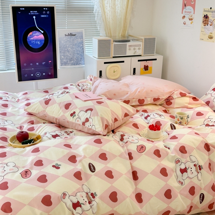 91家纺网 家纺一手货源 找家纺 昔可 2023新款小清新全棉四件套 菱格樱桃兔