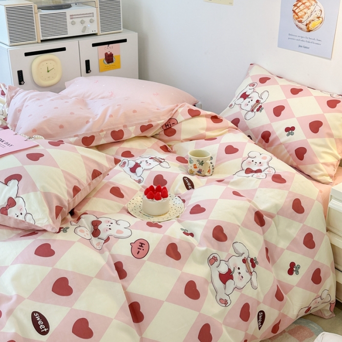 91家纺网 家纺一手货源 找家纺 昔可 2023新款小清新全棉四件套 菱格樱桃兔