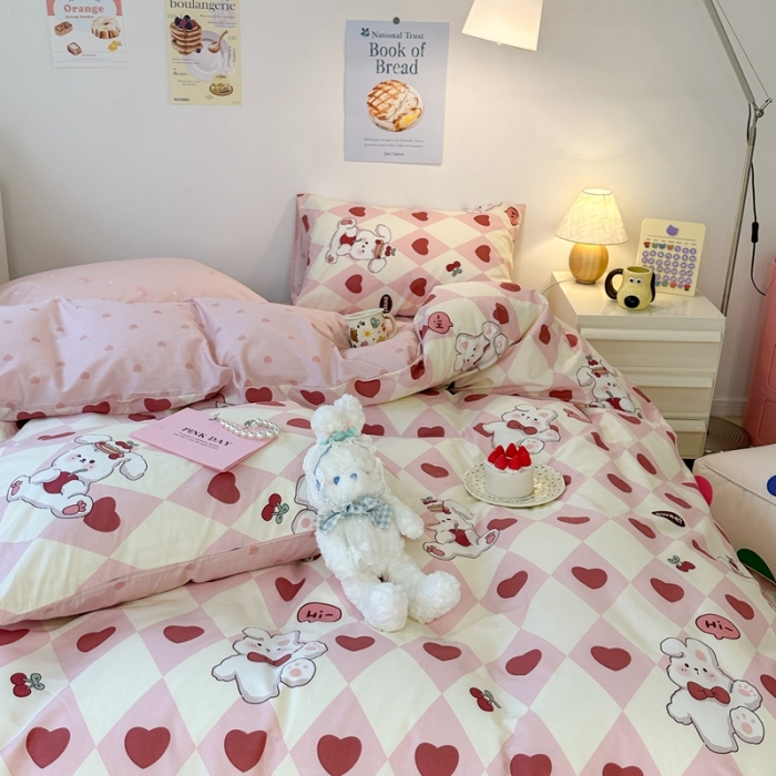 91家纺网 家纺一手货源 找家纺 昔可 2023新款小清新全棉四件套 菱格樱桃兔