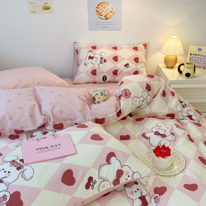 91家纺网 家纺一手货源 找家纺 昔可 2023新款小清新全棉四件套 菱格樱桃兔