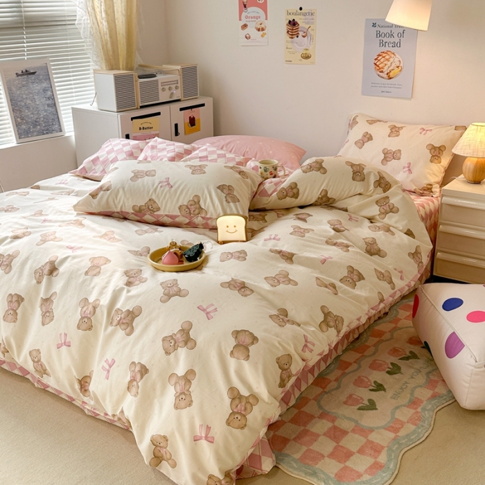 91家纺网 家纺一手货源 找家纺 昔可 2023新款小清新全棉四件套 萌萌可爱熊