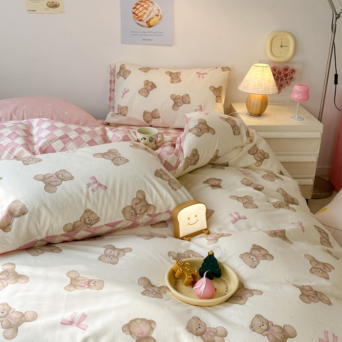 91家纺网 家纺一手货源 找家纺 昔可 2023新款小清新全棉四件套 萌萌可爱熊