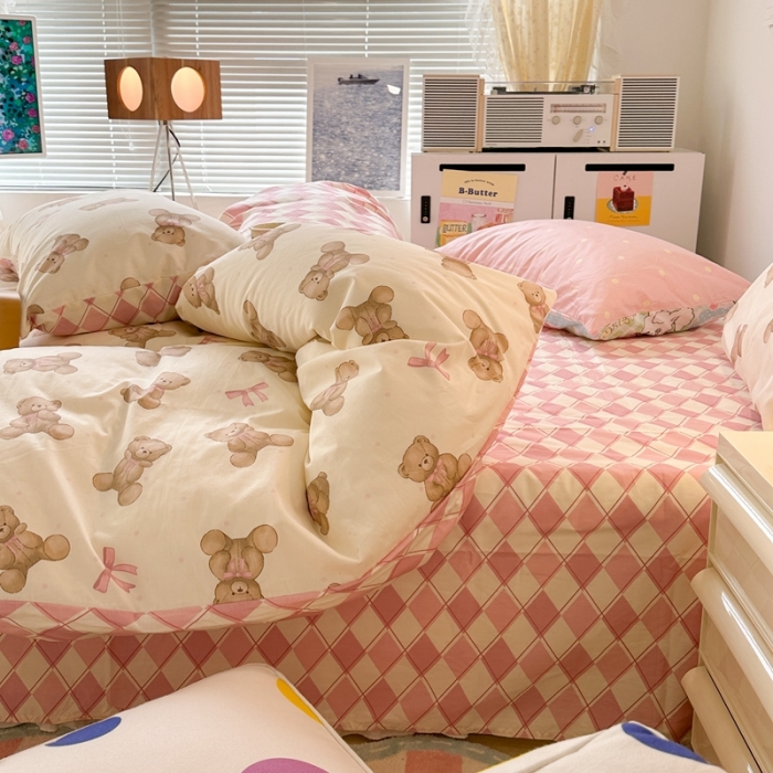 91家纺网 家纺一手货源 找家纺 昔可 2023新款小清新全棉四件套 萌萌可爱熊