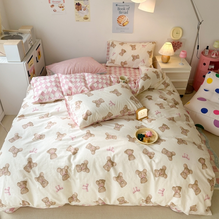 91家纺网 家纺一手货源 找家纺 昔可 2023新款小清新全棉四件套 萌萌可爱熊