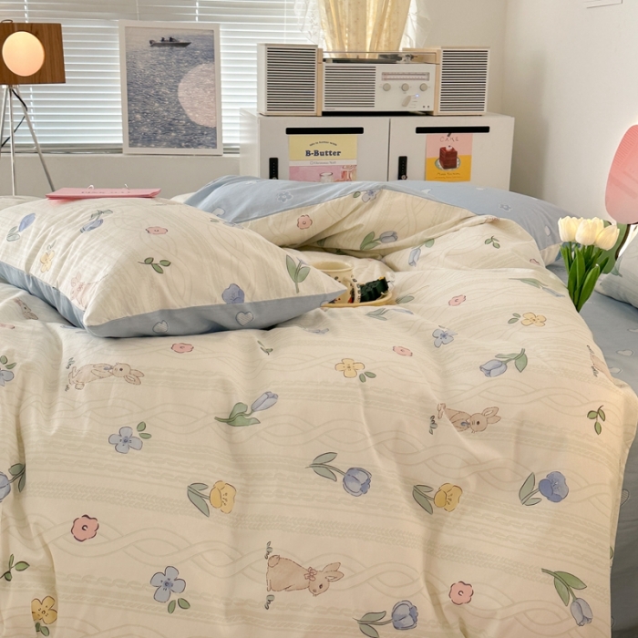 91家纺网 家纺一手货源 找家纺 昔可 2023新款小清新全棉四件套 森系花园兔