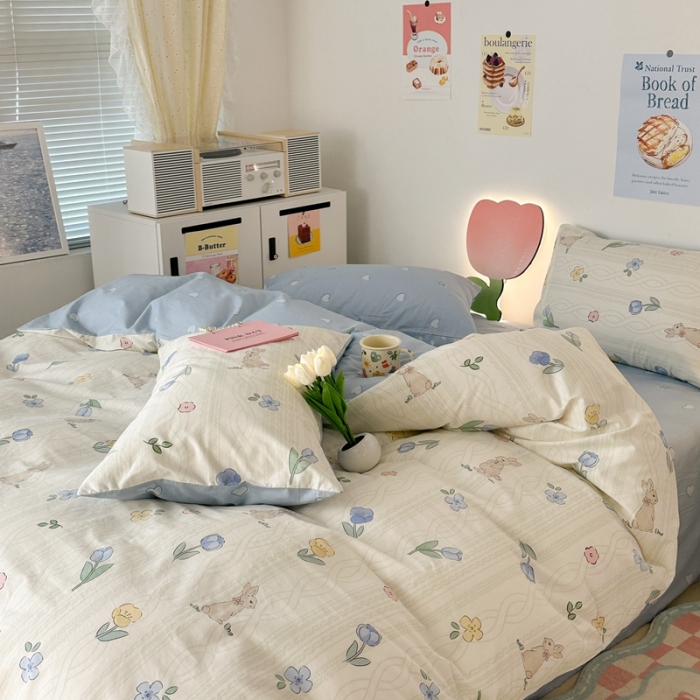 91家纺网 家纺一手货源 找家纺 昔可 2023新款小清新全棉四件套 森系花园兔