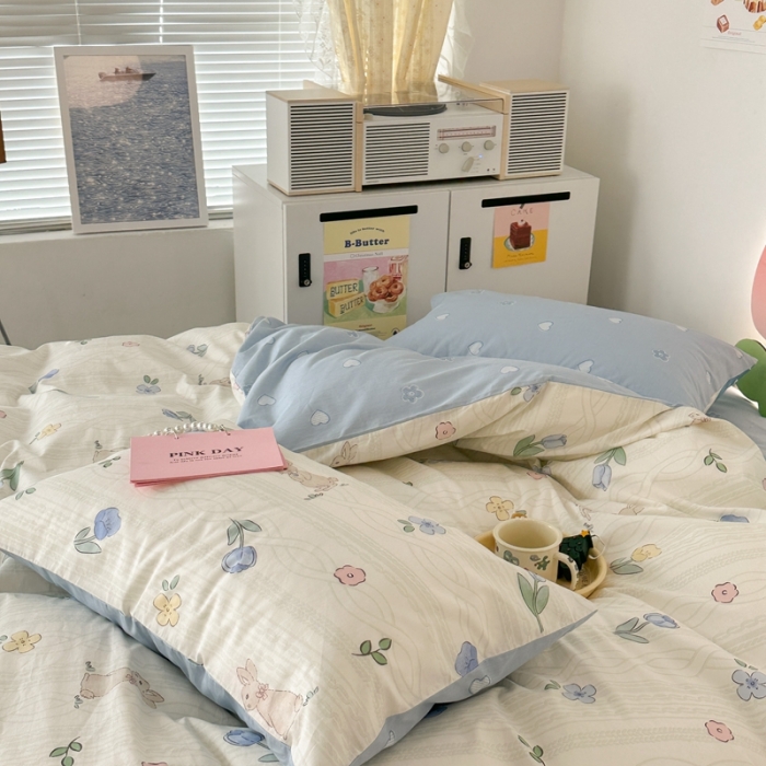 91家纺网 家纺一手货源 找家纺 昔可 2023新款小清新全棉四件套 森系花园兔