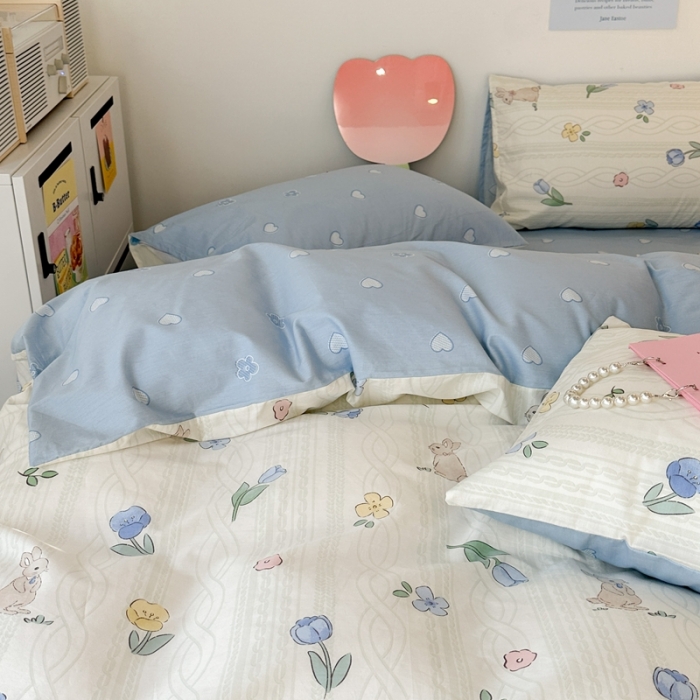 91家纺网 家纺一手货源 找家纺 昔可 2023新款小清新全棉四件套 森系花园兔