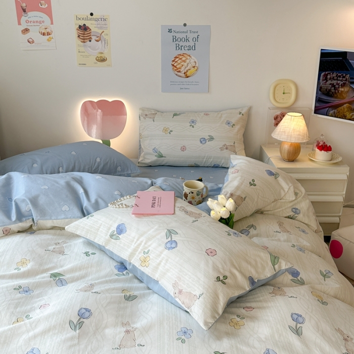 91家纺网 家纺一手货源 找家纺 昔可 2023新款小清新全棉四件套 森系花园兔