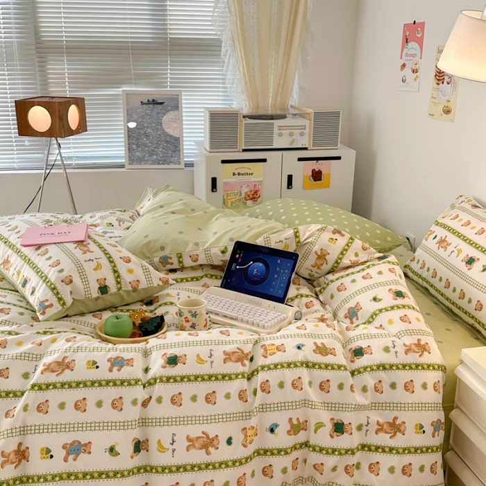 91家纺网 家纺一手货源 找家纺 昔可 2023新款小清新全棉四件套 竖条小熊