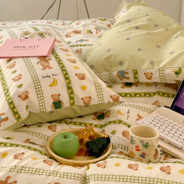 91家纺网 家纺一手货源 找家纺 昔可 2023新款小清新全棉四件套 竖条小熊