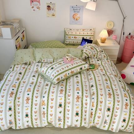 昔可 2023新款小清新全棉四件套 竖条小熊