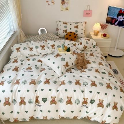 91家纺网 家纺一手货源 找家纺 昔可 2023新款可爱元气卧室新款全棉四件套 爱心熊 绿