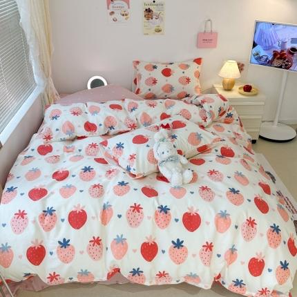 91家纺网 家纺一手货源 找家纺 昔可 2023新款可爱元气卧室新款全棉四件套 春日粉草莓