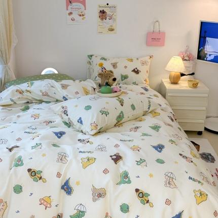 91家纺网 家纺一手货源 找家纺 昔可 2023新款可爱元气卧室新款全棉四件套 萌萌小恐龙