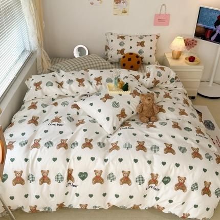 昔可 2023新款可爱元气卧室新款全棉四件套 爱心熊 绿