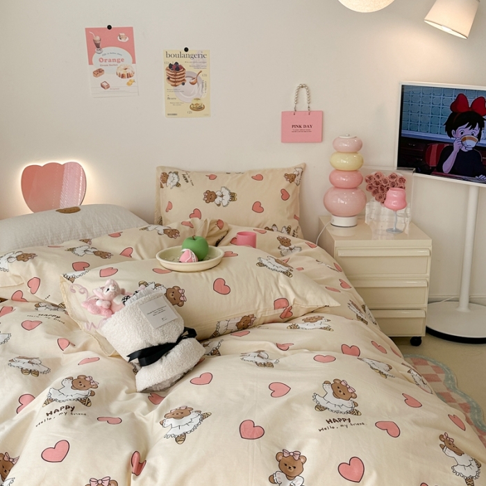 91家纺网 家纺一手货源 找家纺 昔可 2023新款可爱元气卧室新款全棉四件套 芭蕾小熊