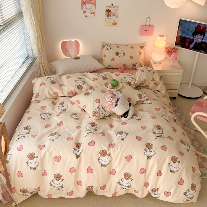 91家纺网 家纺一手货源 找家纺 昔可 2023新款可爱元气卧室新款全棉四件套 芭蕾小熊