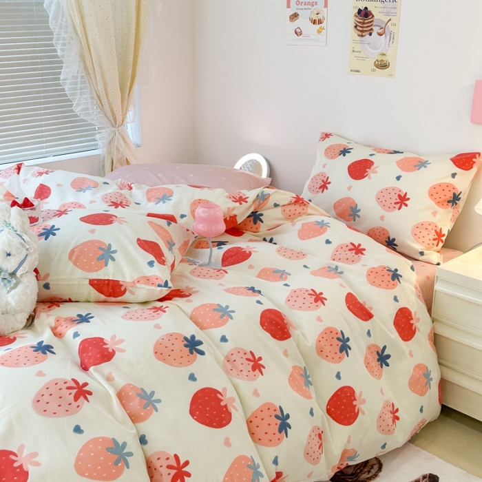 91家纺网 家纺一手货源 找家纺 昔可 2023新款可爱元气卧室新款全棉四件套 春日粉草莓