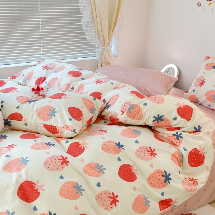 91家纺网 家纺一手货源 找家纺 昔可 2023新款可爱元气卧室新款全棉四件套 春日粉草莓