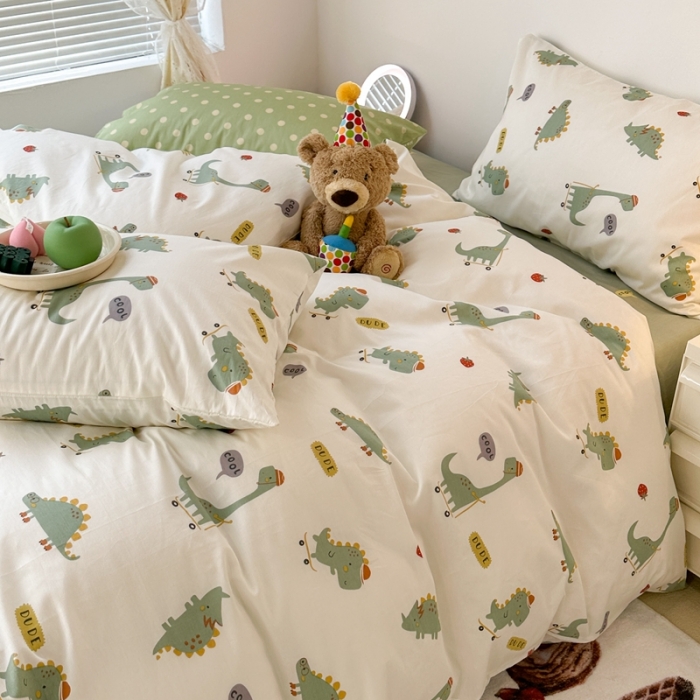 91家纺网 家纺一手货源 找家纺 昔可 2023新款可爱元气卧室新款全棉四件套 滑板恐龙