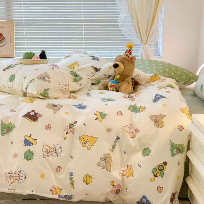 91家纺网 家纺一手货源 找家纺 昔可 2023新款可爱元气卧室新款全棉四件套 萌萌小恐龙