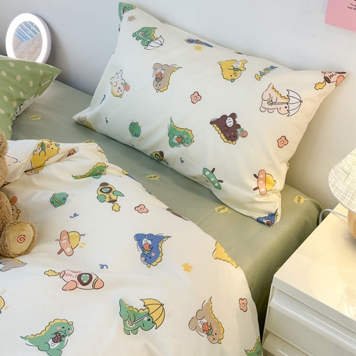 91家纺网 家纺一手货源 找家纺 昔可 2023新款可爱元气卧室新款全棉四件套 萌萌小恐龙