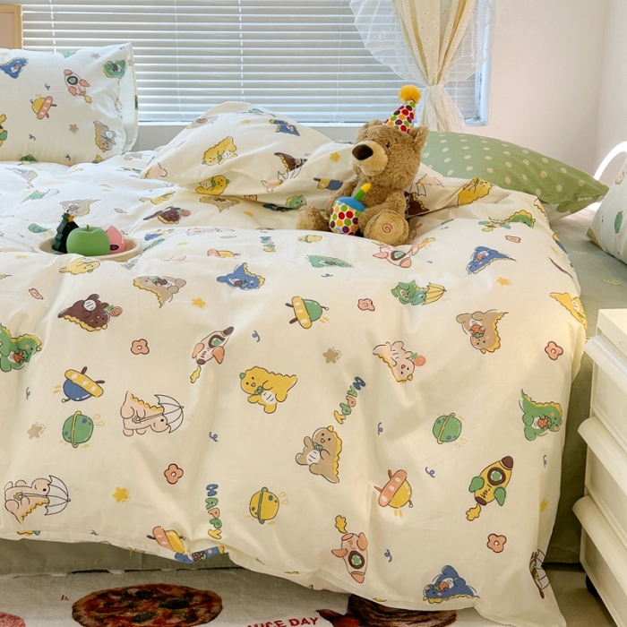 91家纺网 家纺一手货源 找家纺 昔可 2023新款可爱元气卧室新款全棉四件套 萌萌小恐龙