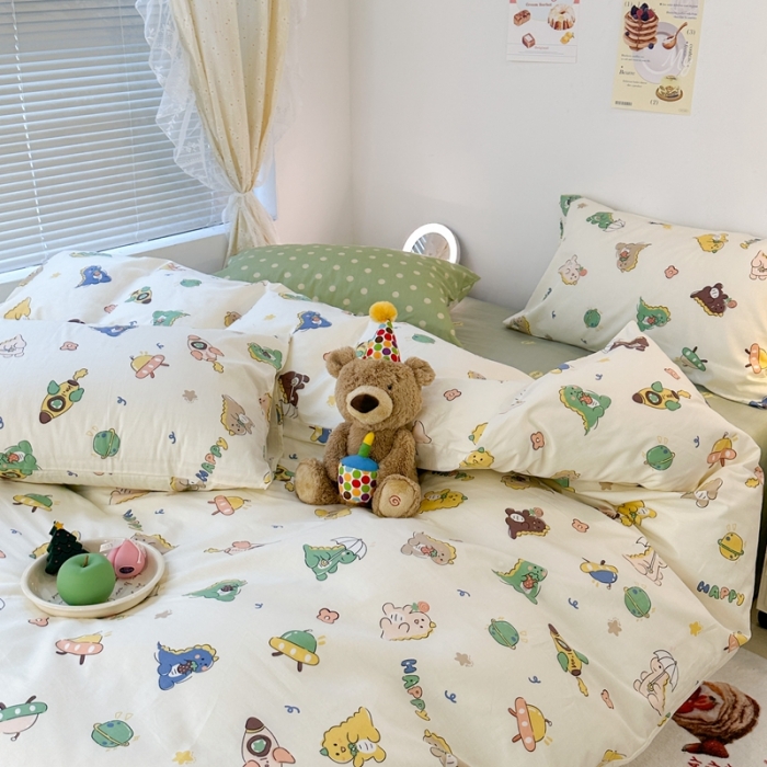 91家纺网 家纺一手货源 找家纺 昔可 2023新款可爱元气卧室新款全棉四件套 萌萌小恐龙