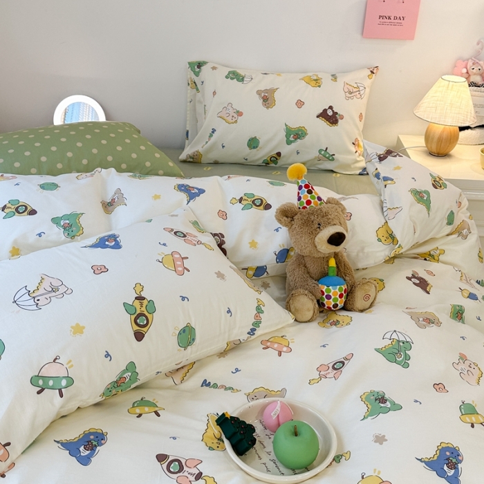 91家纺网 家纺一手货源 找家纺 昔可 2023新款可爱元气卧室新款全棉四件套 萌萌小恐龙