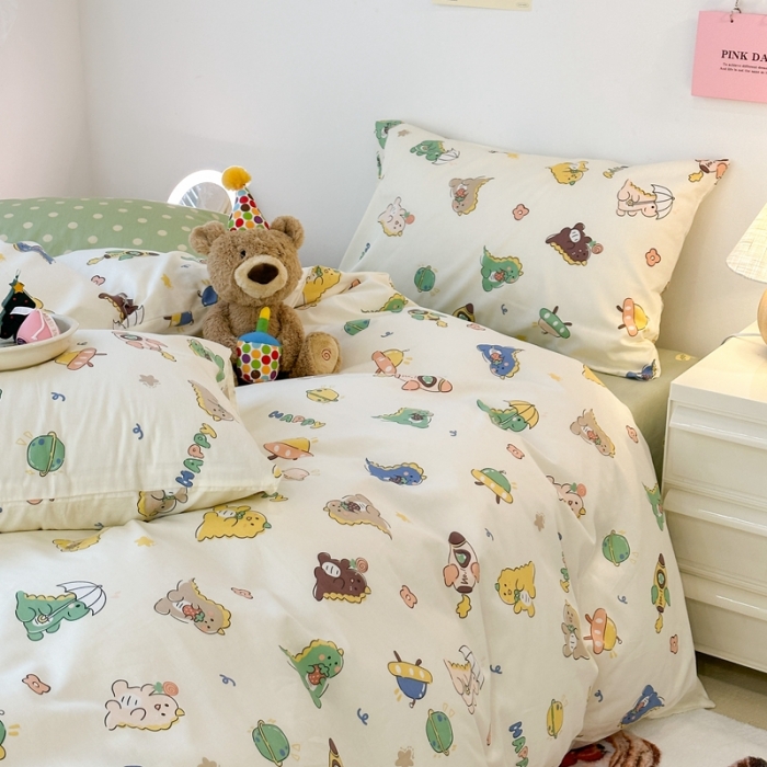 91家纺网 家纺一手货源 找家纺 昔可 2023新款可爱元气卧室新款全棉四件套 萌萌小恐龙
