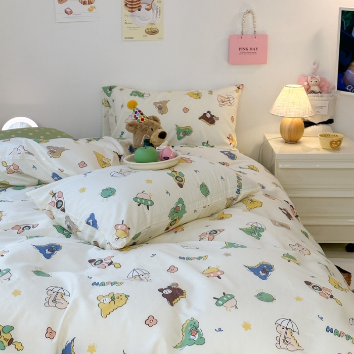 91家纺网 家纺一手货源 找家纺 昔可 2023新款可爱元气卧室新款全棉四件套 萌萌小恐龙