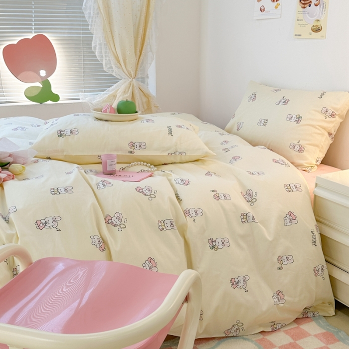 91家纺网 家纺一手货源 找家纺 昔可 2023新款可爱元气卧室新款全棉四件套 萌兔日常