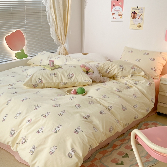 91家纺网 家纺一手货源 找家纺 昔可 2023新款可爱元气卧室新款全棉四件套 萌兔日常