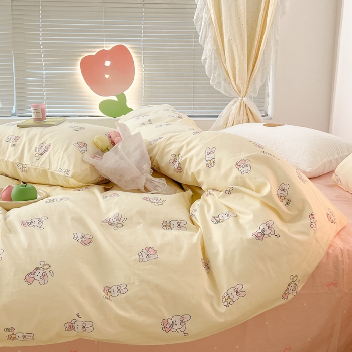 91家纺网 家纺一手货源 找家纺 昔可 2023新款可爱元气卧室新款全棉四件套 萌兔日常
