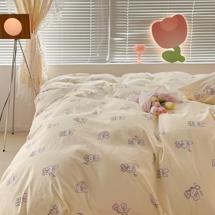 91家纺网 家纺一手货源 找家纺 昔可 2023新款可爱元气卧室新款全棉四件套 萌兔日常