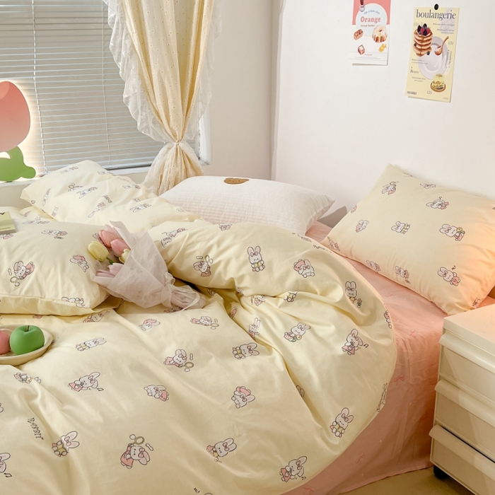 91家纺网 家纺一手货源 找家纺 昔可 2023新款可爱元气卧室新款全棉四件套 萌兔日常