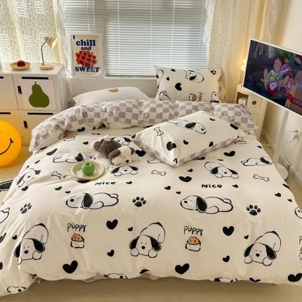 91家纺网 家纺一手货源 找家纺 昔可 2023新款全棉卡通系列四件套 黑白脚印狗狗