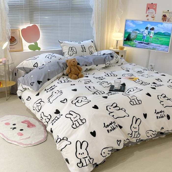 91家纺网 家纺一手货源 找家纺 昔可 2023新款全棉卡通系列四件套 爱心兔 黑