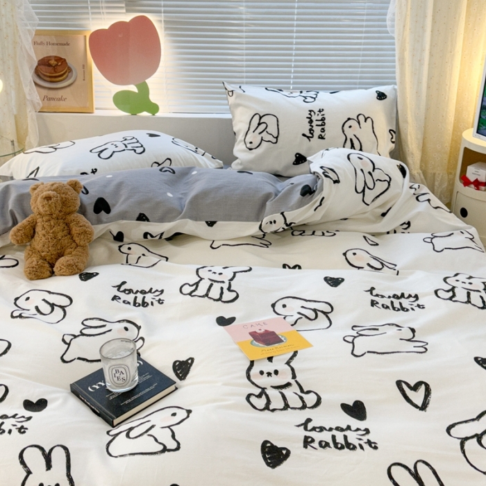 91家纺网 家纺一手货源 找家纺 昔可 2023新款全棉卡通系列四件套 爱心兔 黑