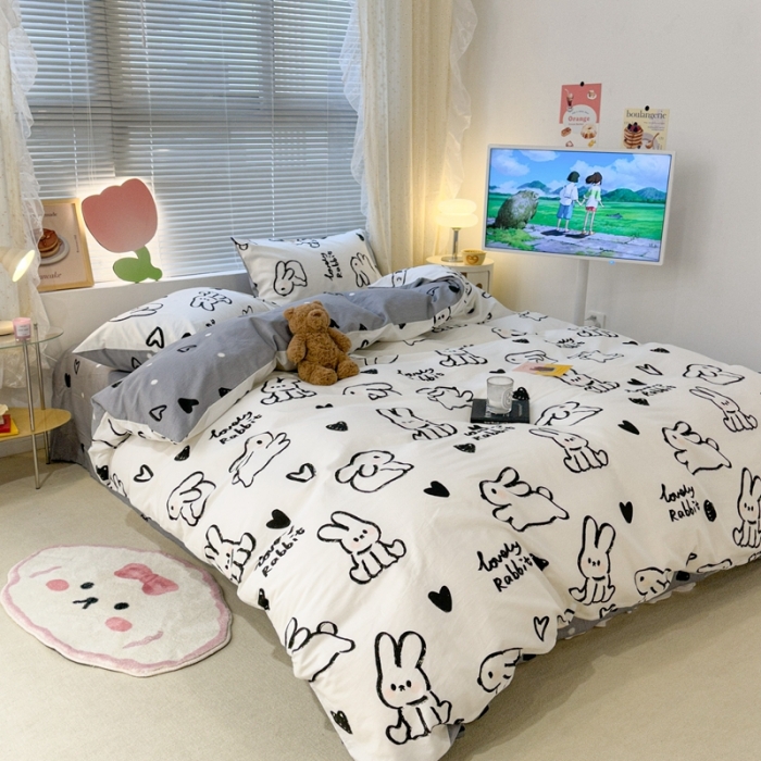 91家纺网 家纺一手货源 找家纺 昔可 2023新款全棉卡通系列四件套 爱心兔 黑