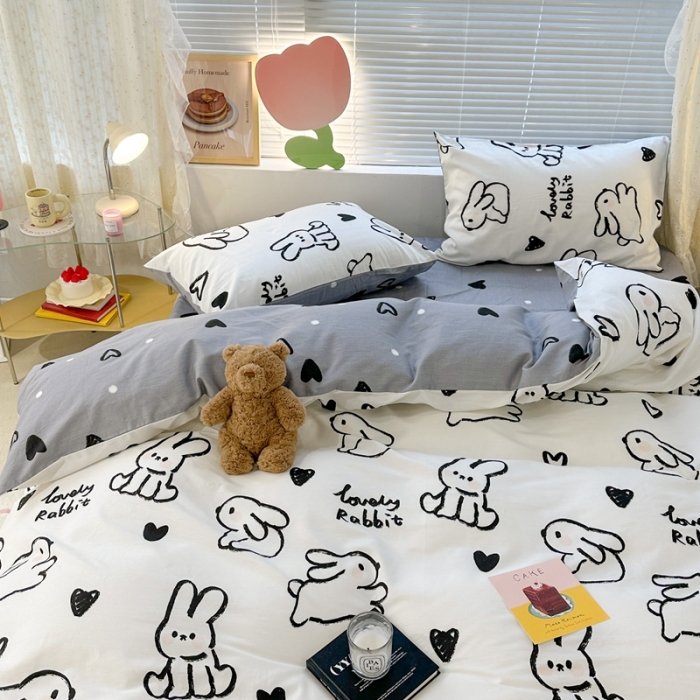 91家纺网 家纺一手货源 找家纺 昔可 2023新款全棉卡通系列四件套 爱心兔 黑