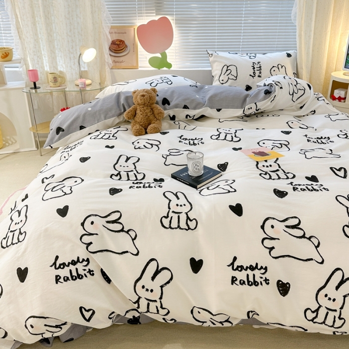 91家纺网 家纺一手货源 找家纺 昔可 2023新款全棉卡通系列四件套 爱心兔 黑