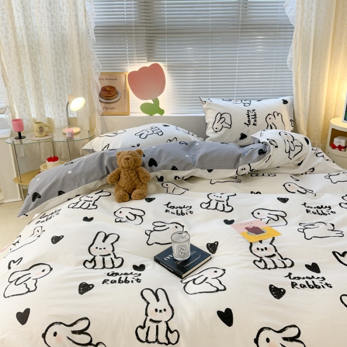 91家纺网 家纺一手货源 找家纺 昔可 2023新款全棉卡通系列四件套 爱心兔 黑