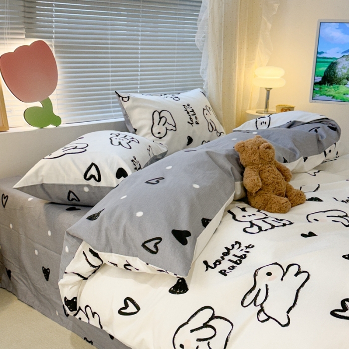 91家纺网 家纺一手货源 找家纺 昔可 2023新款全棉卡通系列四件套 爱心兔 黑